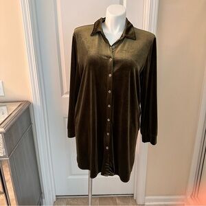 Velvet dress. Moss green dress. Long sleeve dress. Shirt dress. Size XXL dress.